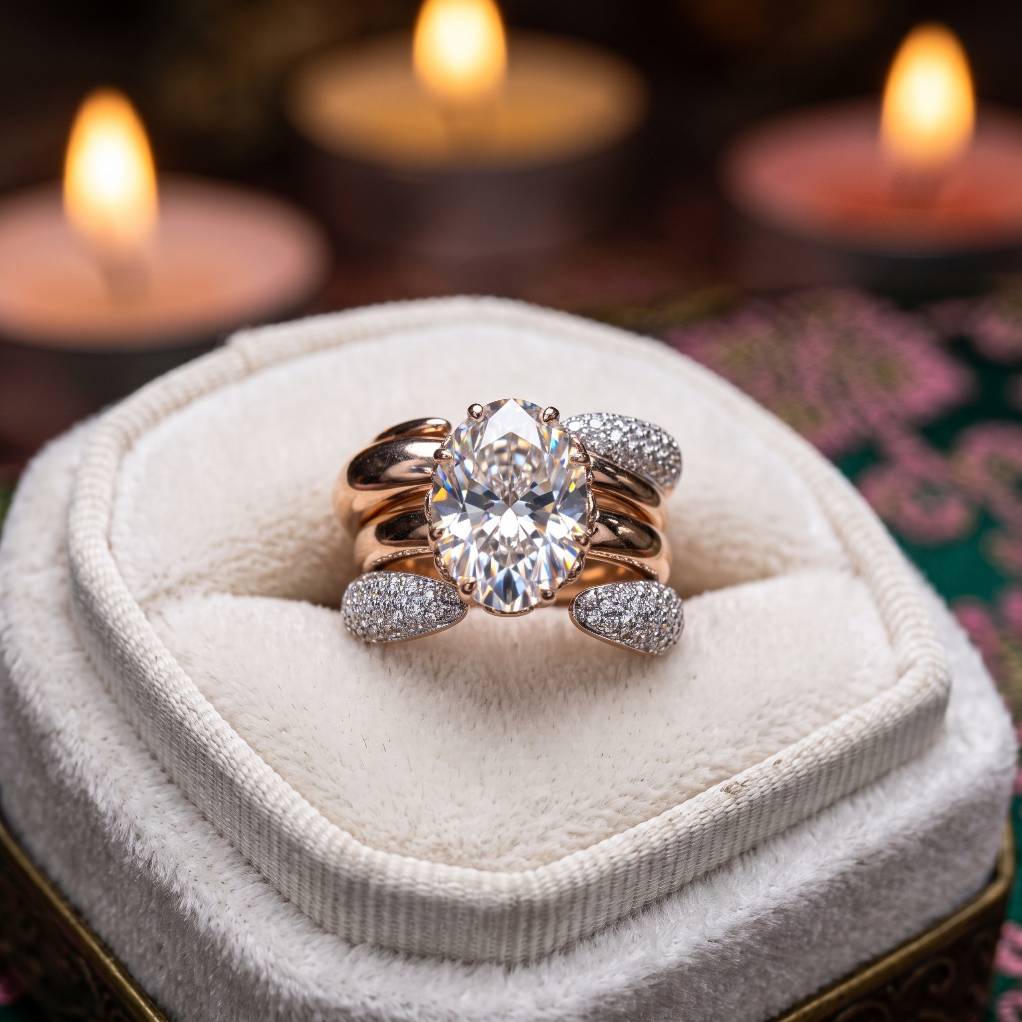 Oval Solitaire Ring with Pave Bands, Rose Gold Silver Stackable Bridal Set