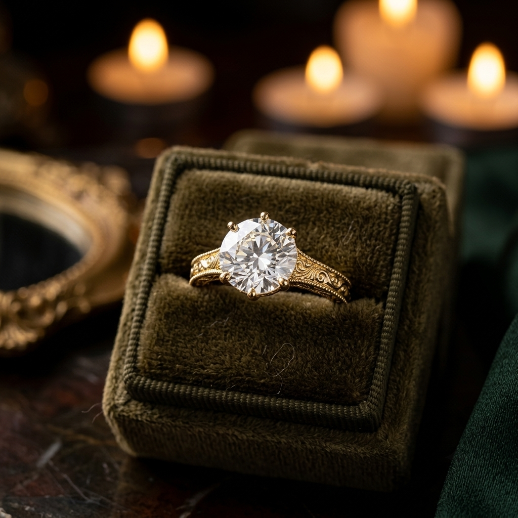 Vintage Art Deco Yellow Gold Engagement Ring, Round Lab Grown Diamond, Milgrain Scroll Design