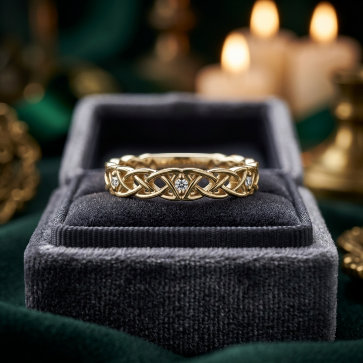 Gold Celtic Knot Ring with Diamonds, Woven Filigree Wedding Band, Irish Heritage Jewelry