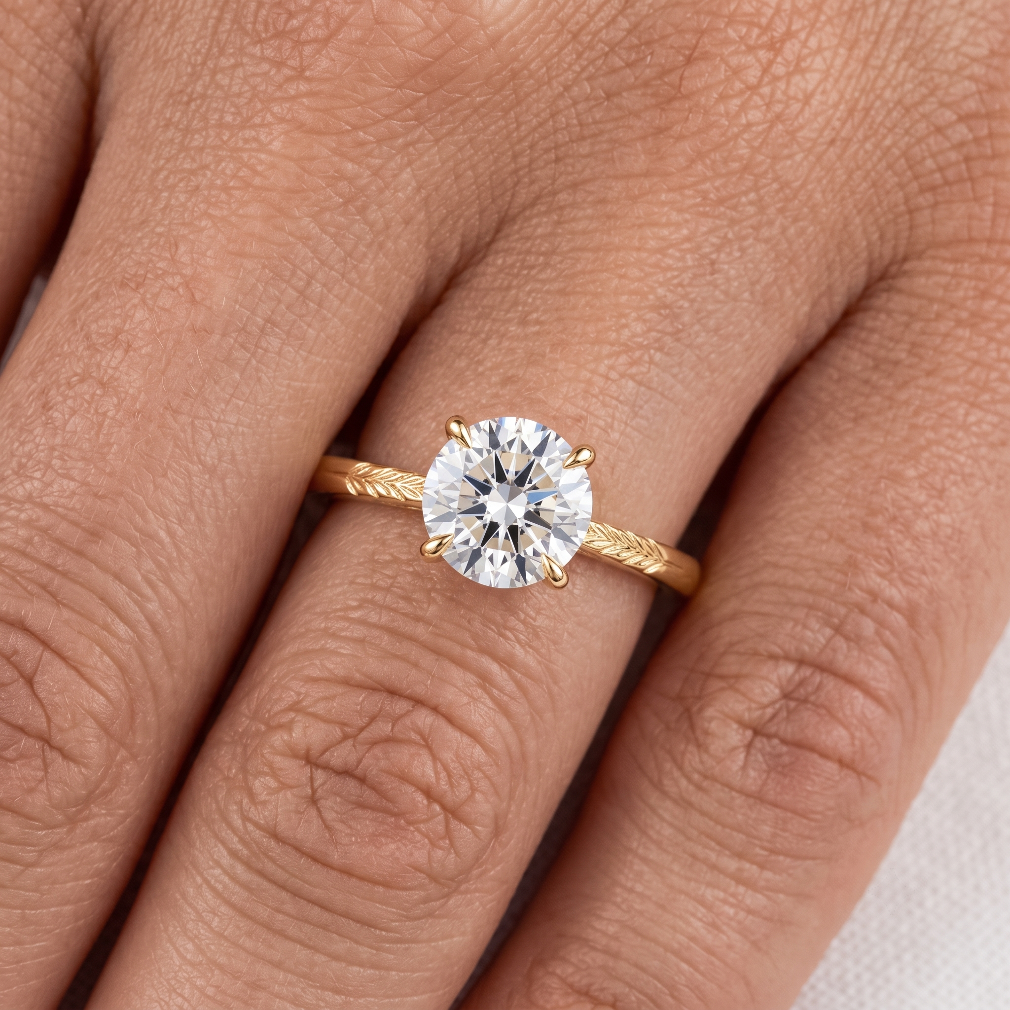 Hand Engraved Wheat Solitaire Engagement Ring, Round Cut Diamond, Nature Inspired Band