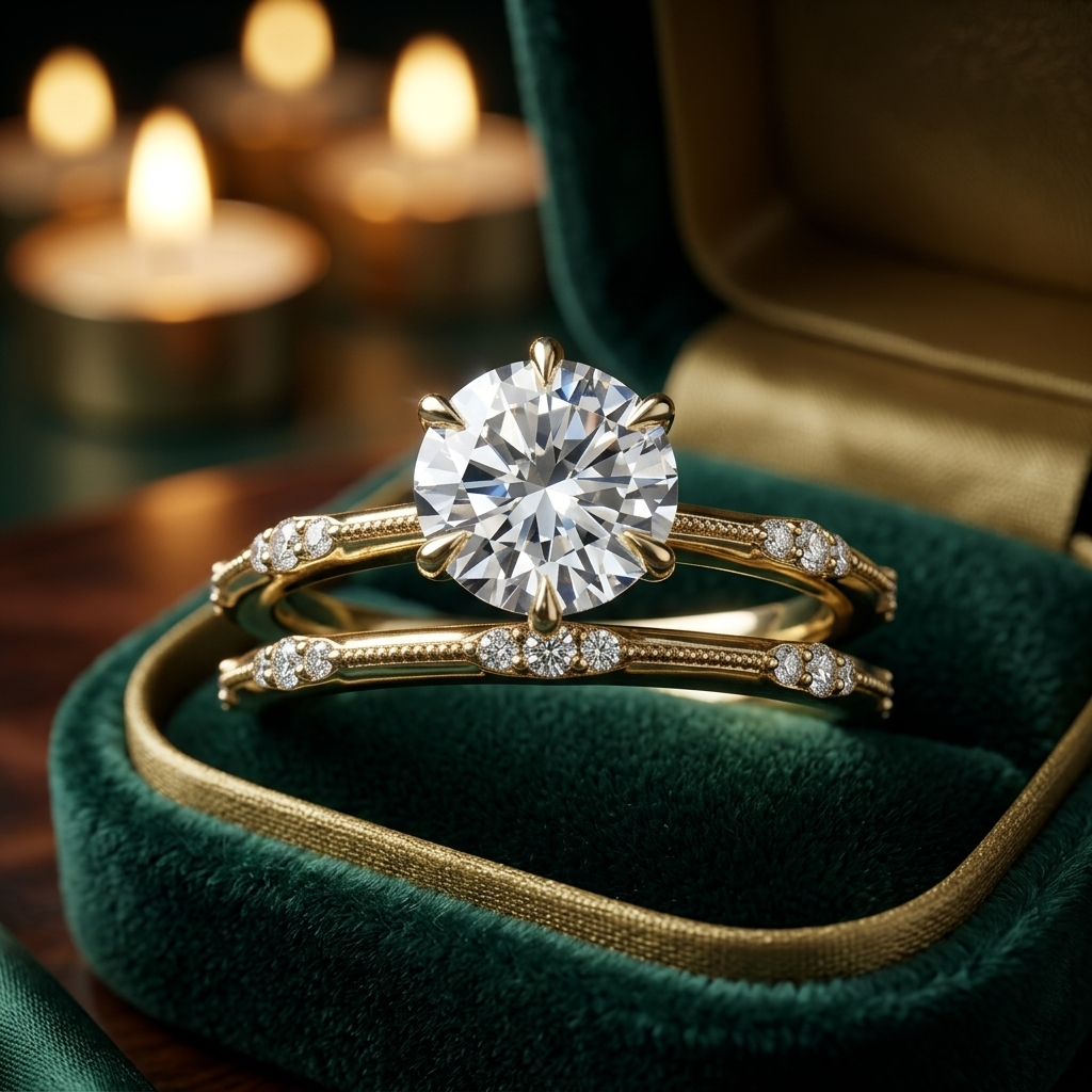 Lab Grown Diamond Bridal Set, Round Cut Solitaire Engagement Ring, Yellow Gold Wedding Band