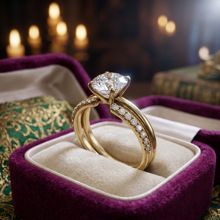 Round Cut Diamond Engagement Ring Set, Yellow Gold Pave Wedding Band Bridal Set