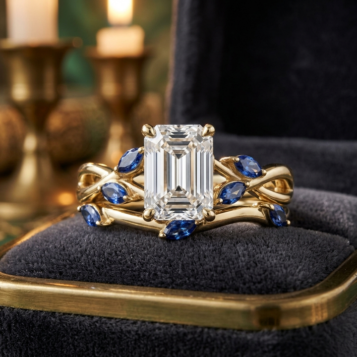 Emerald Cut Diamond Engagement Ring Set, Blue Sapphire Branch Design, Solid Gold Wedding Band