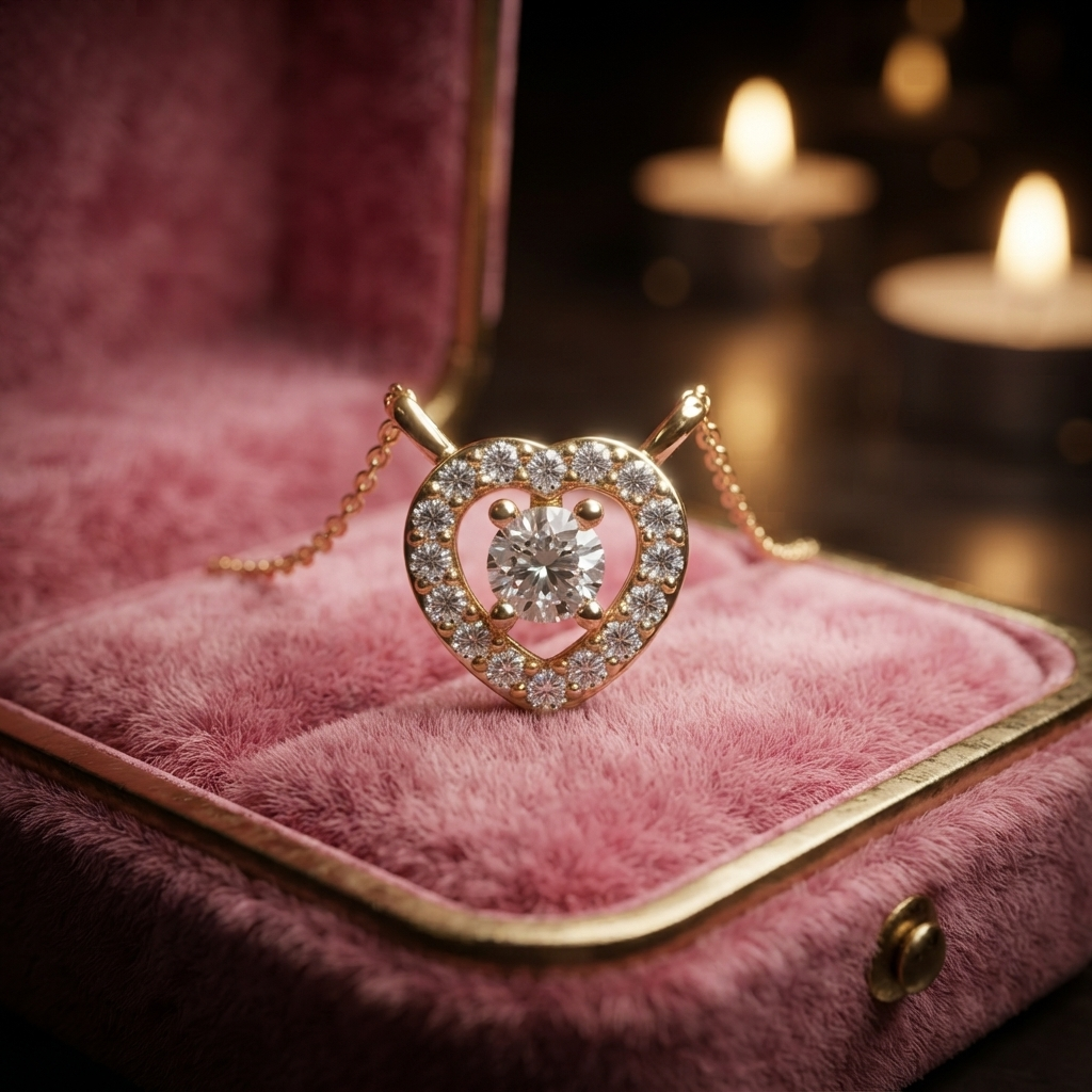 Heart Halo Diamond Pendant Necklace, Dainty Gold Love Jewelry, Romantic Gift
