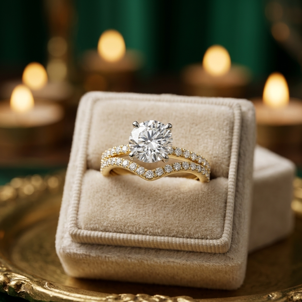 Yellow Gold Round Cut Diamond Engagement Ring Set with Pave Band