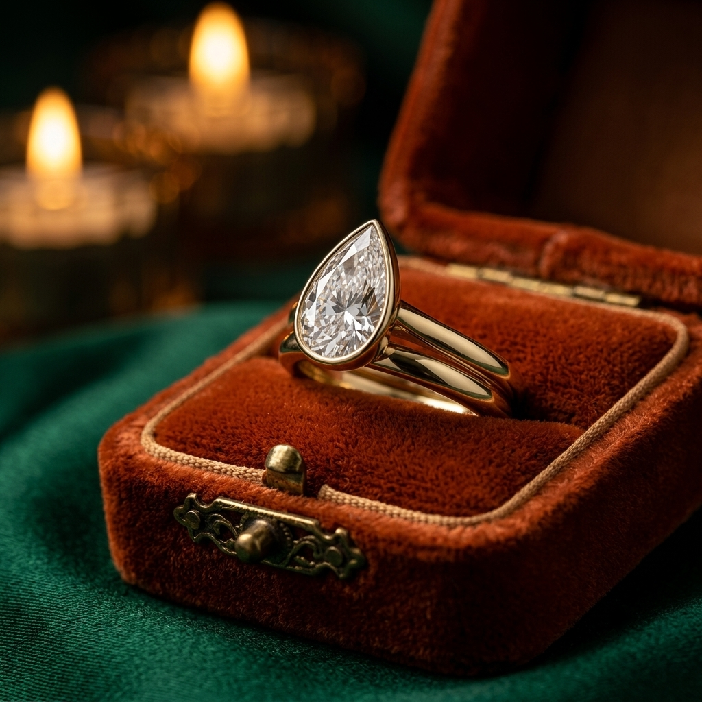 Pear Cut Diamond Bezel Ring, Yellow Gold Bridal Set, Teardrop Stacking Rings