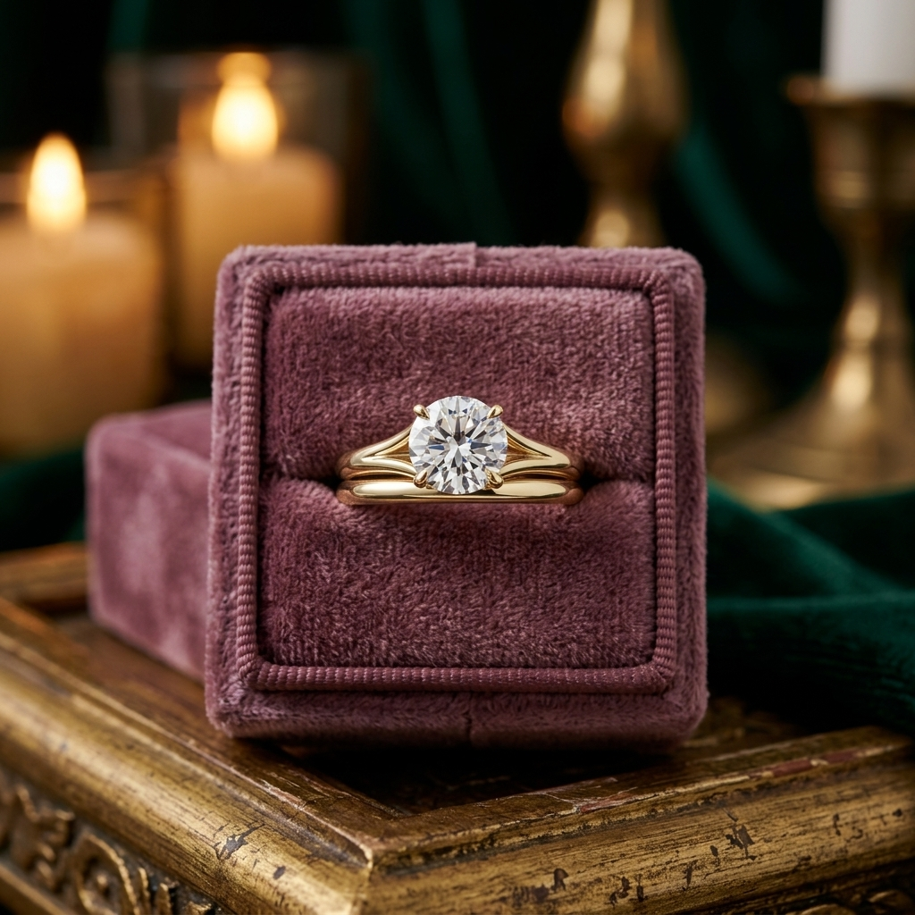 1.00 Carat Round Cut Diamond Engagement Ring, 14K Yellow Gold Split Shank Solitaire Ring