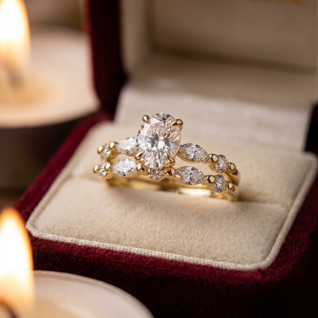Oval Cut Solitaire Engagement Ring Set | Marquise Beaded Wedding Band (Yellow Gold)