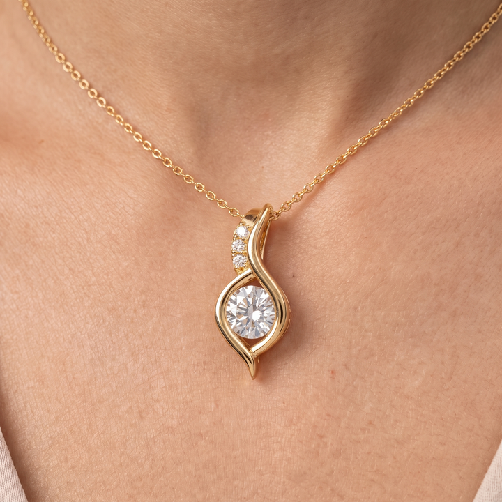 14K Gold Swirl Diamond Pendant Necklace, Teardrop Solitaire, Modern Twist Design