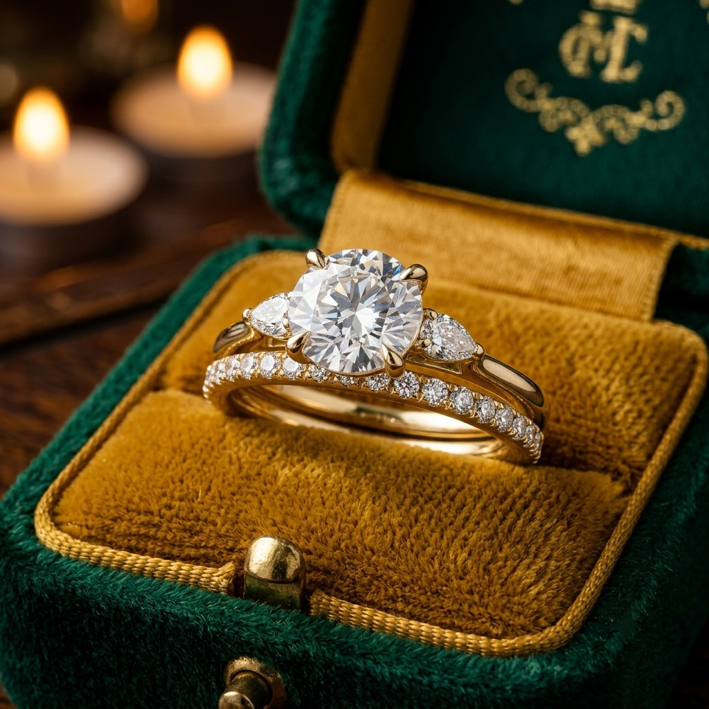 Round Cut Solitaire Engagement Ring & Matching Band Set, Yellow Gold, Milgrain Accents