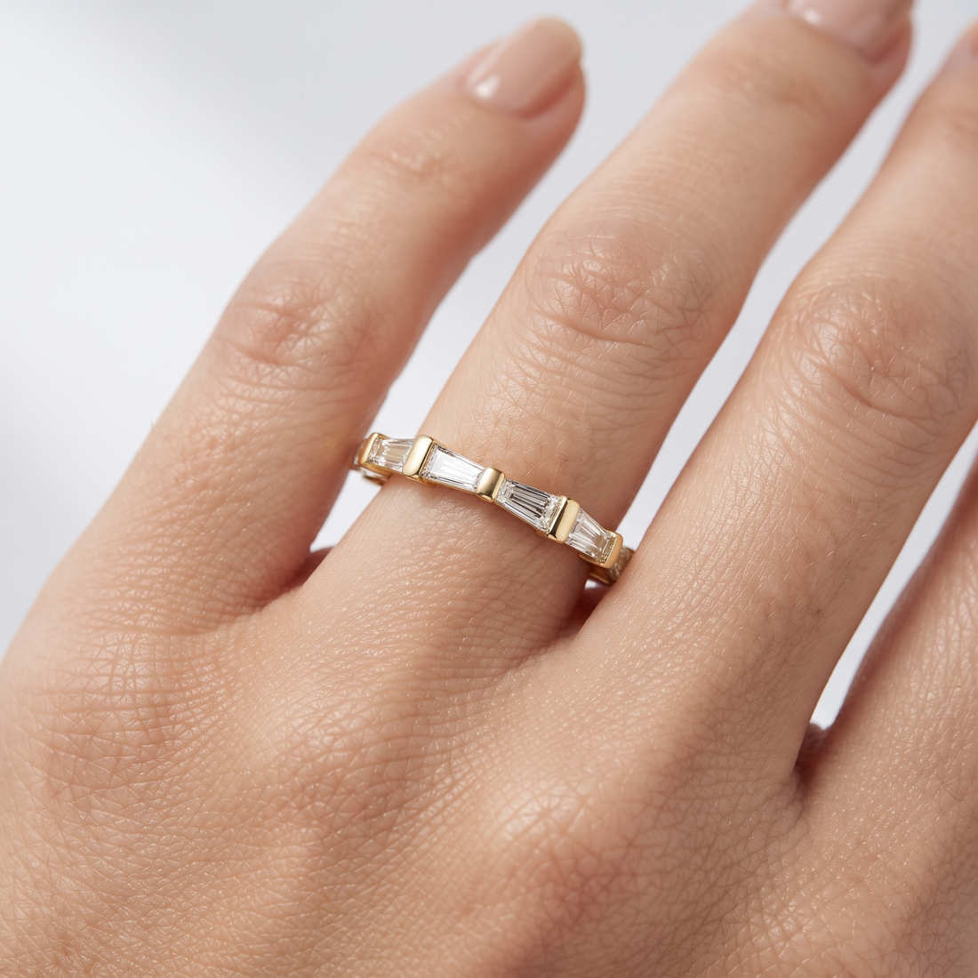 Baguette Cut Diamond Wedding Band, Art Deco Stacking Ring, Solid Gold Anniversary Band