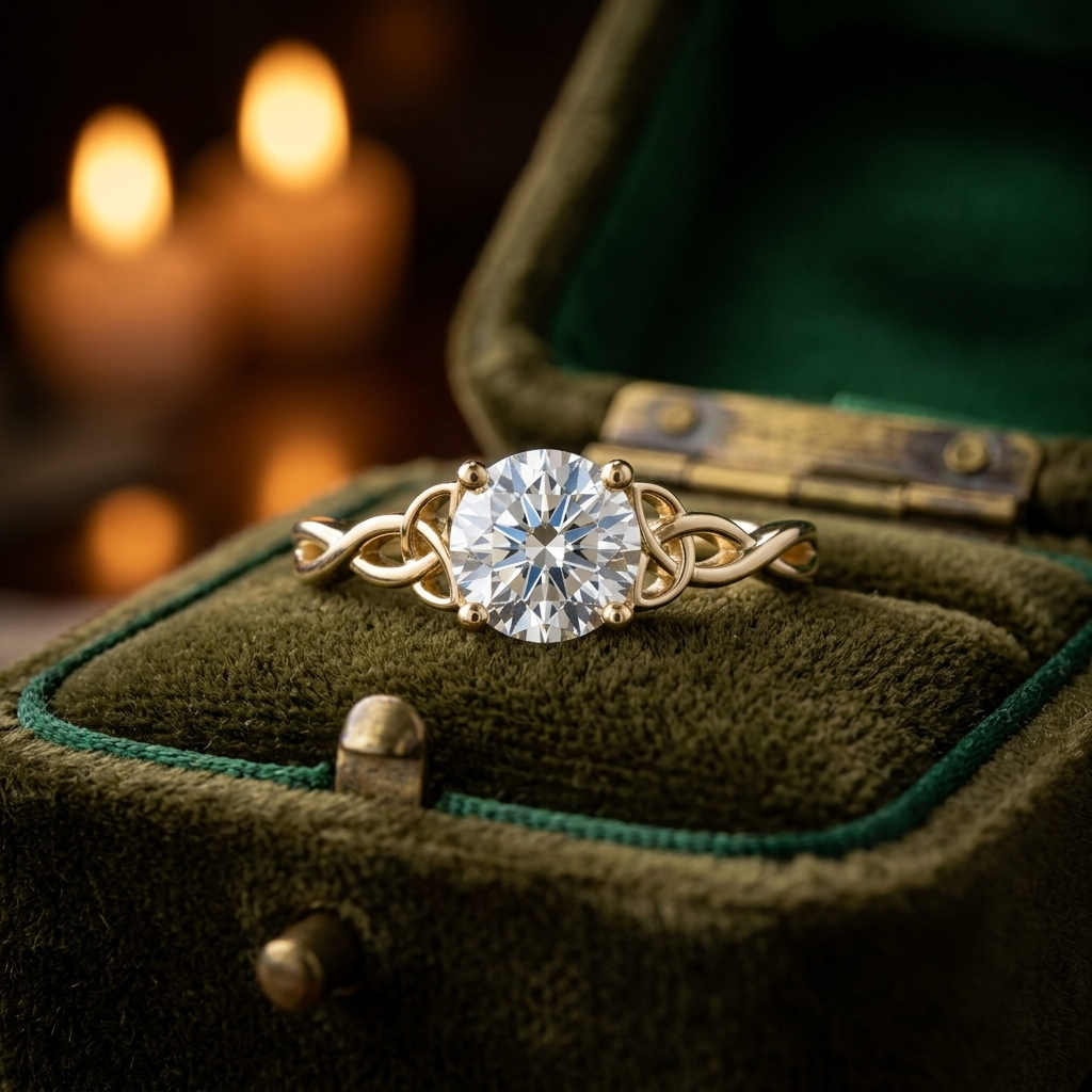 Celtic Knot Engagement Ring, Round Solitaire Lab Grown, 14K Yellow Gold Plated, Promise Ring