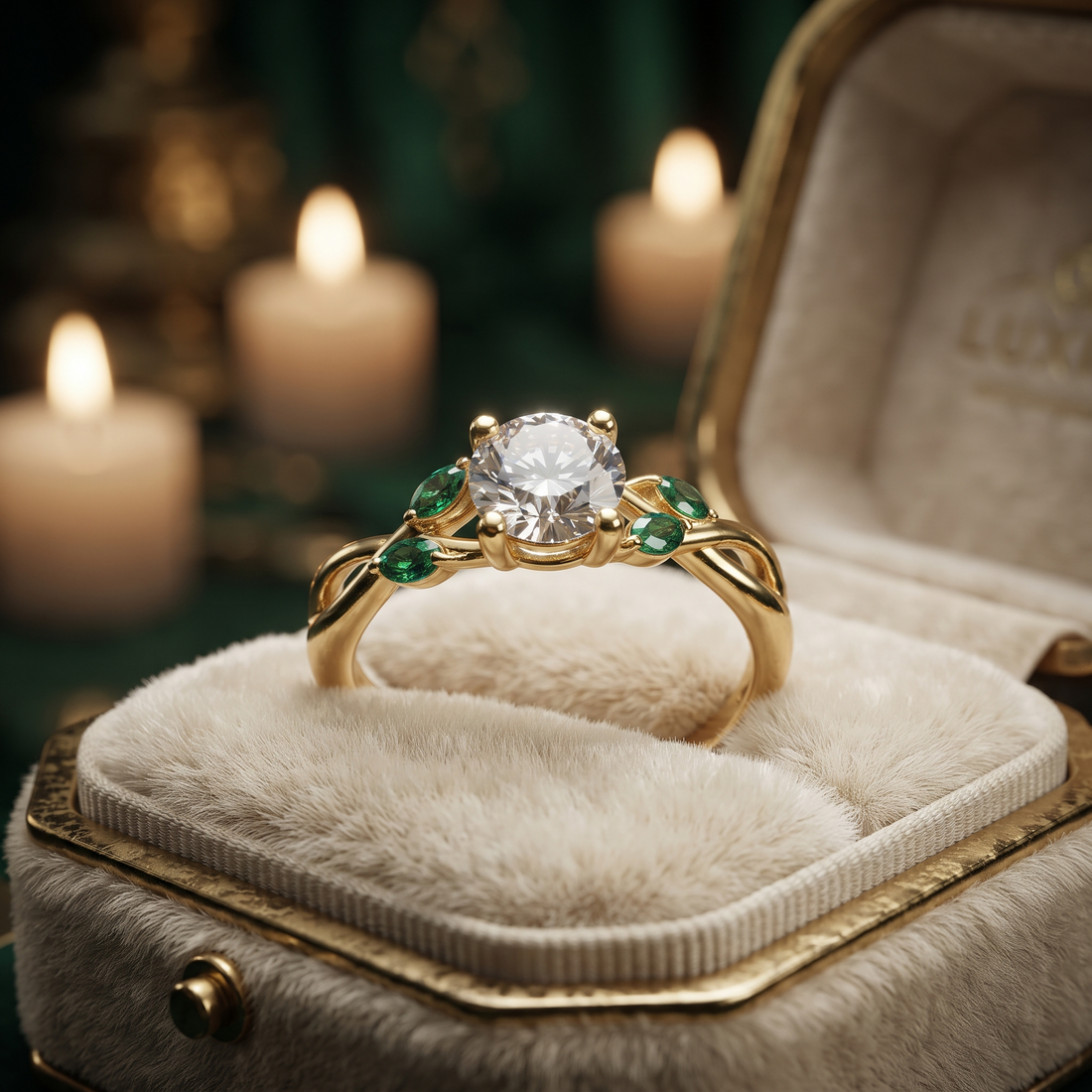 14K Yellow Gold Leaf Engagement Ring with Marquise Emeralds – Nature Floral Cluster Ring