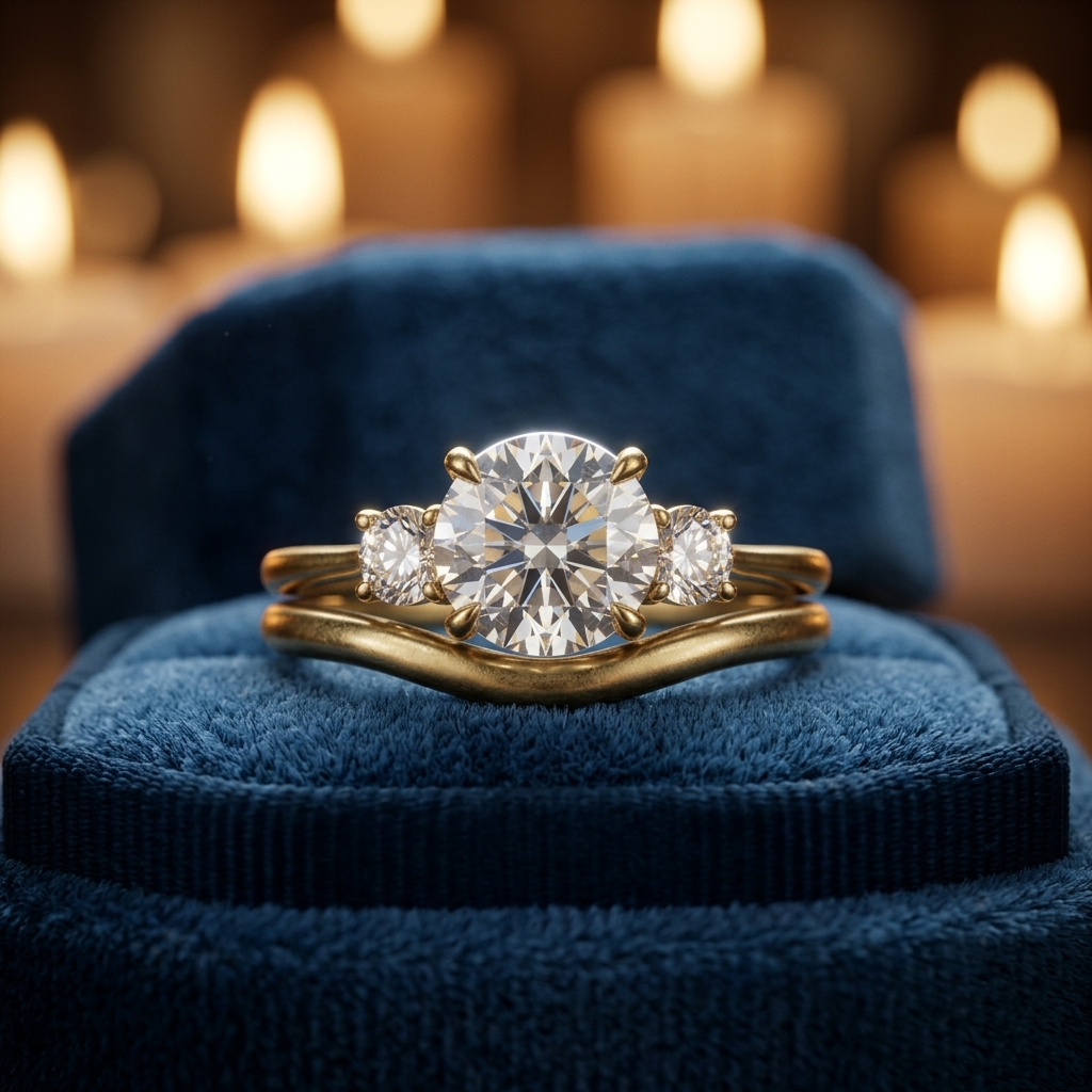 3 Stone Round Diamond Engagement Ring, Curved Matching Band, Minimalist Yellow Gold Bridal Set