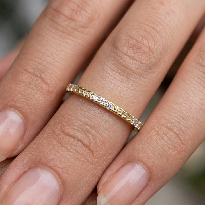 Hand Engraved Wheat Solitaire Engagement Ring, Round Cut Diamond, Nature Inspired Band
