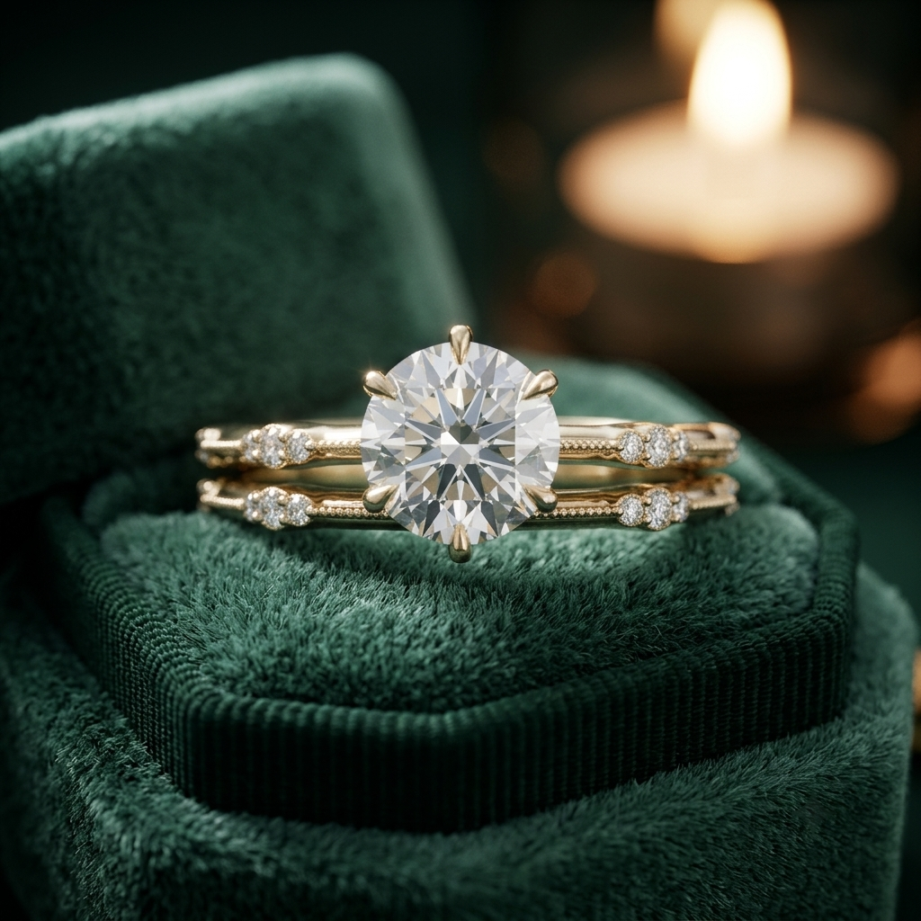 Lab Grown Diamond Bridal Set, Round Cut Solitaire Engagement Ring, Yellow Gold Wedding Band