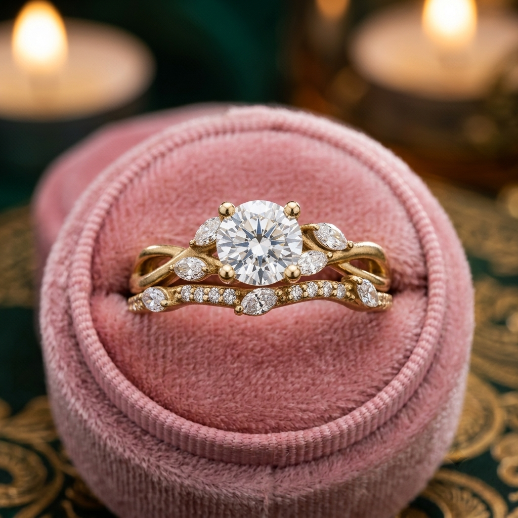 Lab Grown Diamond Engagement Ring Set, Nature Inspired Leaf Vine Design, Curved Wedding Band