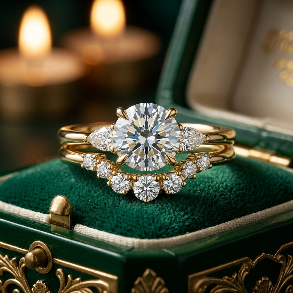 Round Engagement Ring Set, Pear Side Stones, Yellow Gold Curved Wedding Band