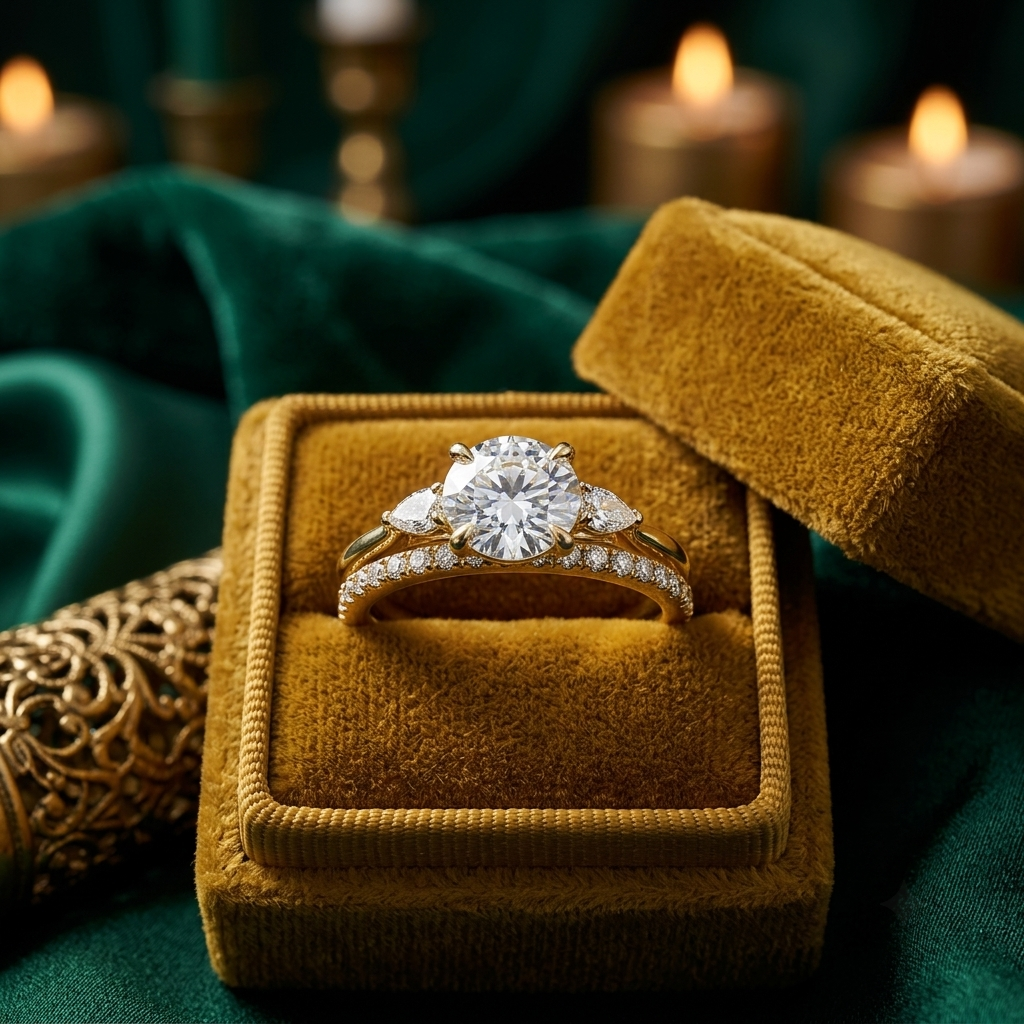 Round Cut Solitaire Engagement Ring & Matching Band Set, Yellow Gold, Milgrain Accents