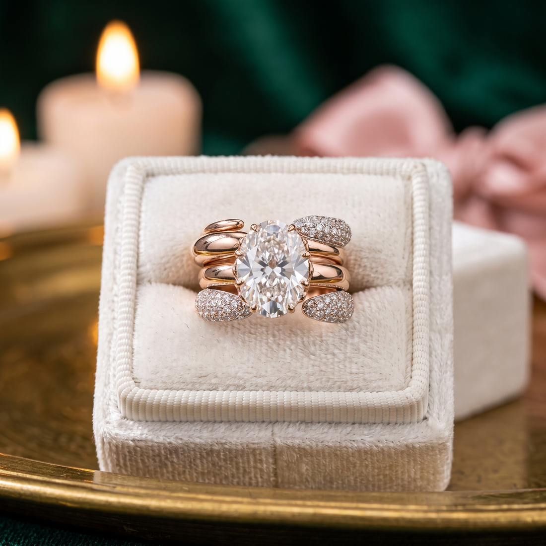 Oval Solitaire Ring with Pave Bands, Rose Gold Silver Stackable Bridal Set