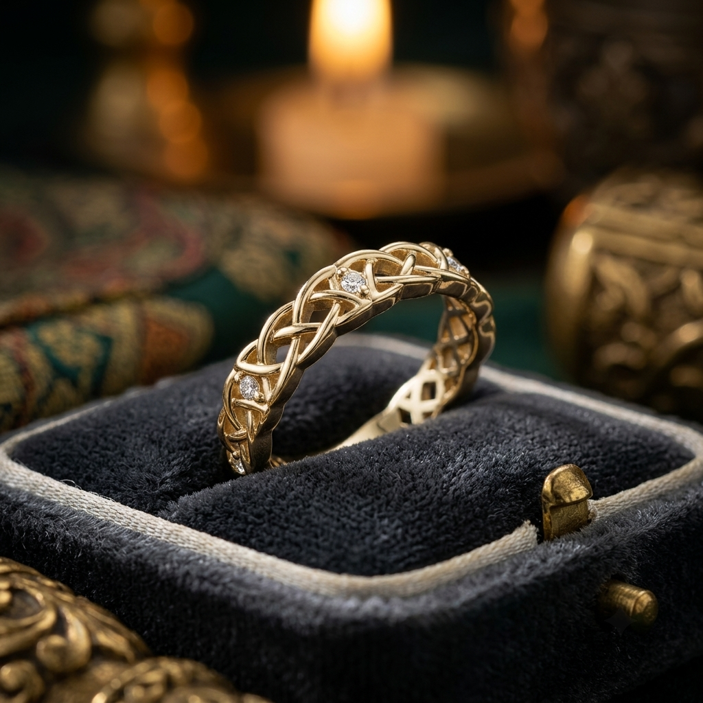 Gold Celtic Knot Ring with Diamonds, Woven Filigree Wedding Band, Irish Heritage Jewelry