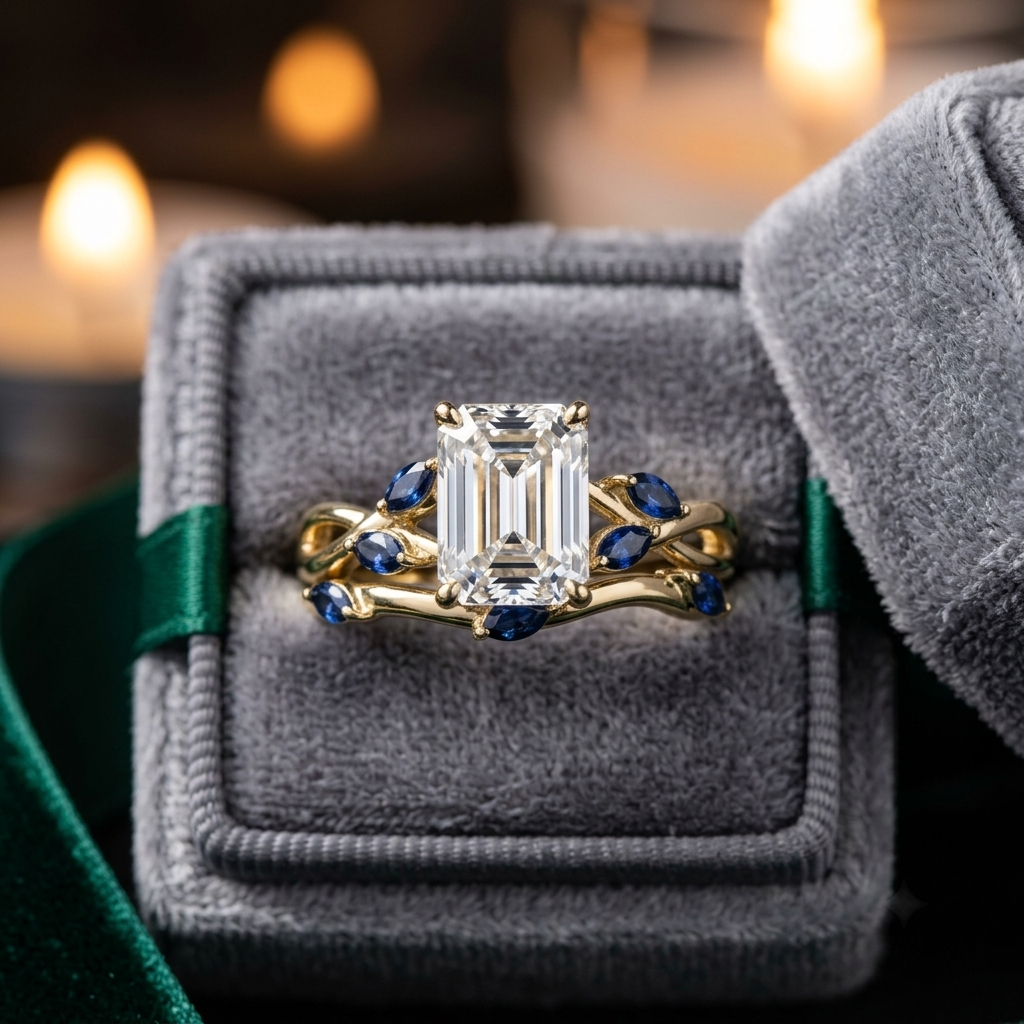 Emerald Cut Diamond Engagement Ring Set, Blue Sapphire Branch Design, Solid Gold Wedding Band