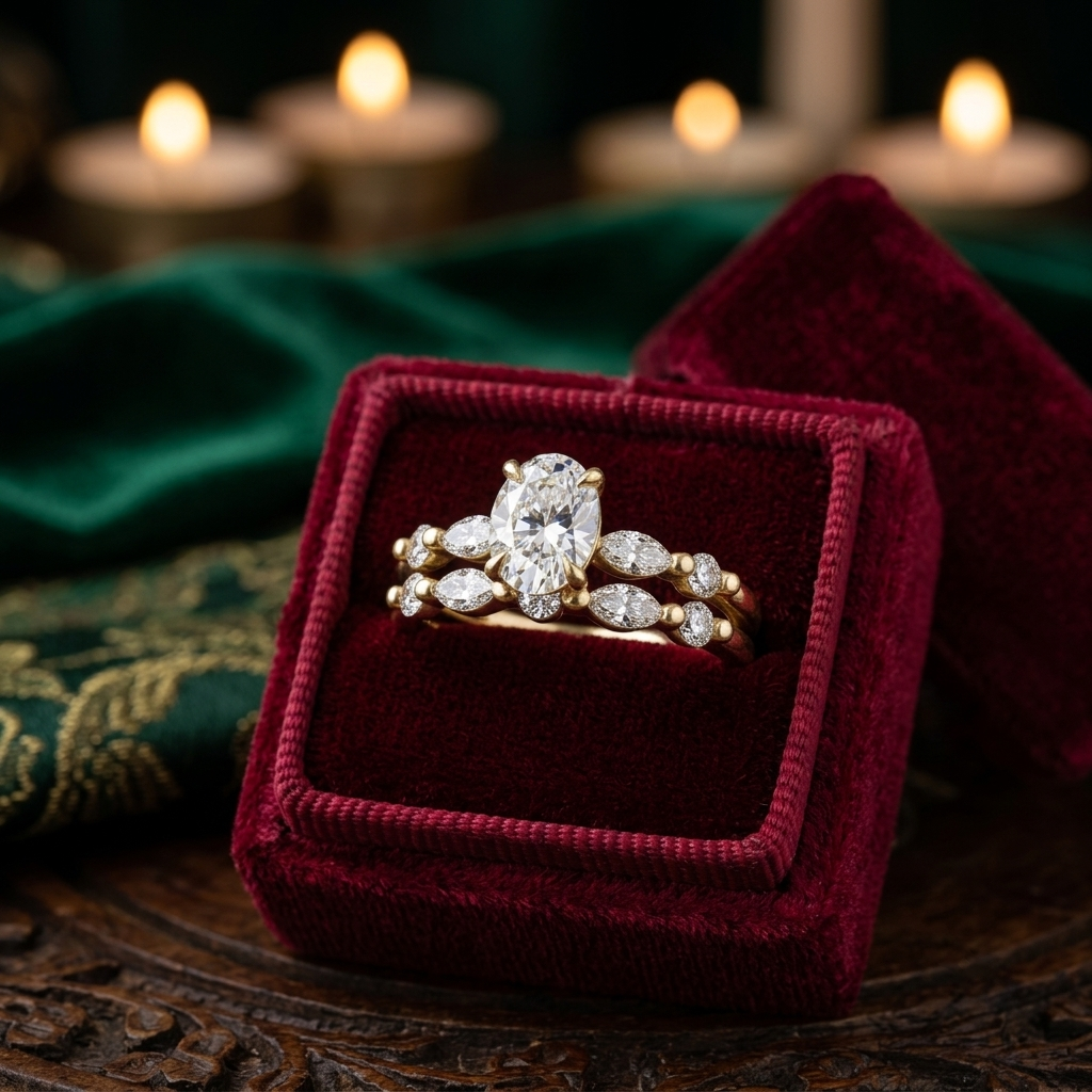 Oval Cut Solitaire Engagement Ring Set | Marquise Beaded Wedding Band (Yellow Gold)