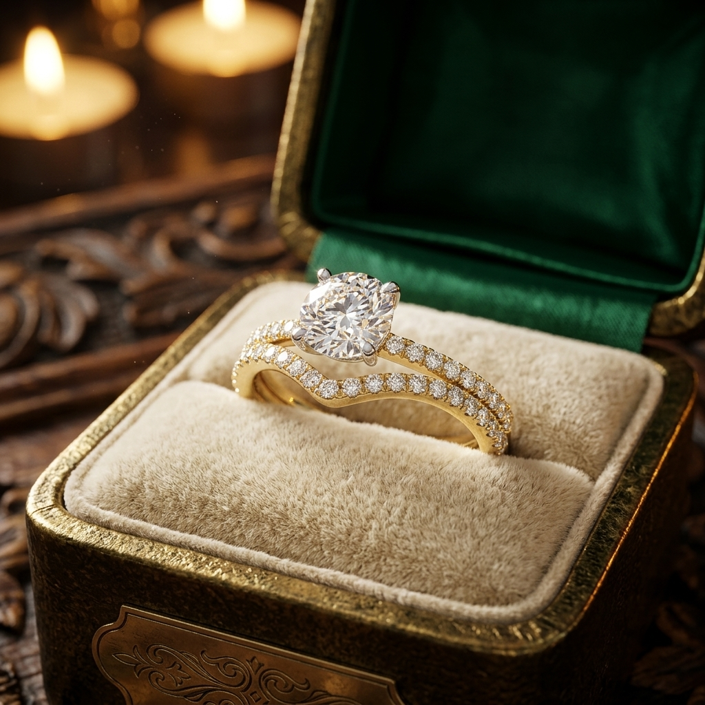 Yellow Gold Round Cut Diamond Engagement Ring Set with Pave Band