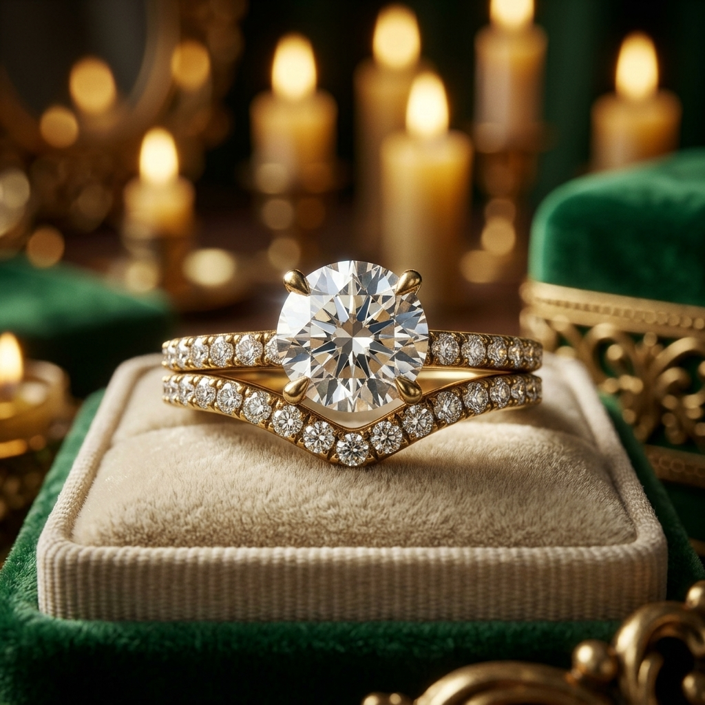 Yellow Gold Round Cut Diamond Engagement Ring Set with Pave Band