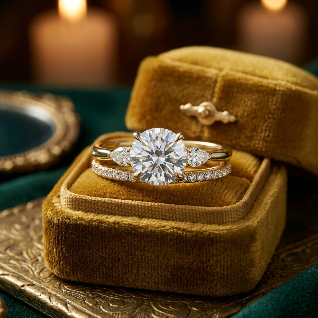 Round Cut Solitaire Engagement Ring & Matching Band Set, Yellow Gold, Milgrain Accents