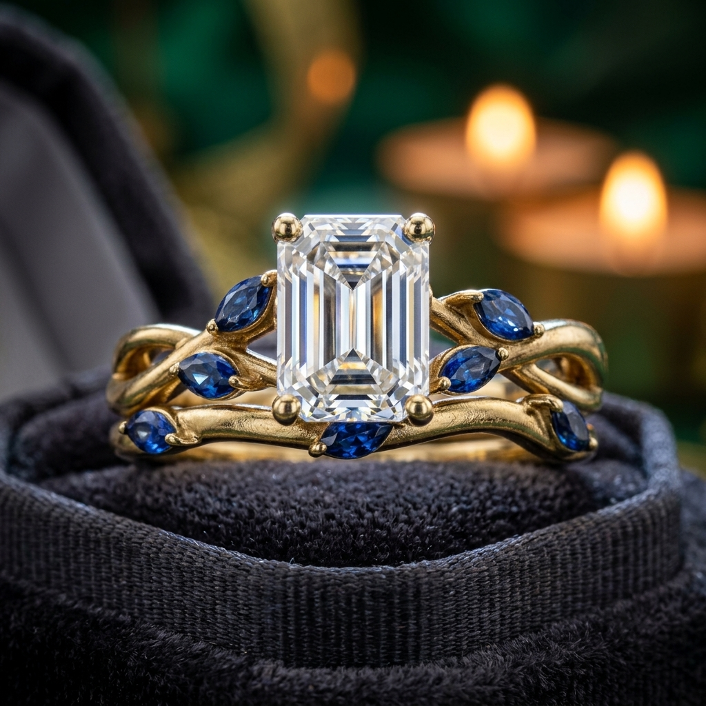Emerald Cut Diamond Engagement Ring Set, Blue Sapphire Branch Design, Solid Gold Wedding Band