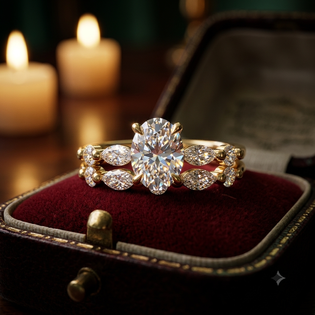 Oval Cut Solitaire Engagement Ring Set | Marquise Beaded Wedding Band (Yellow Gold)