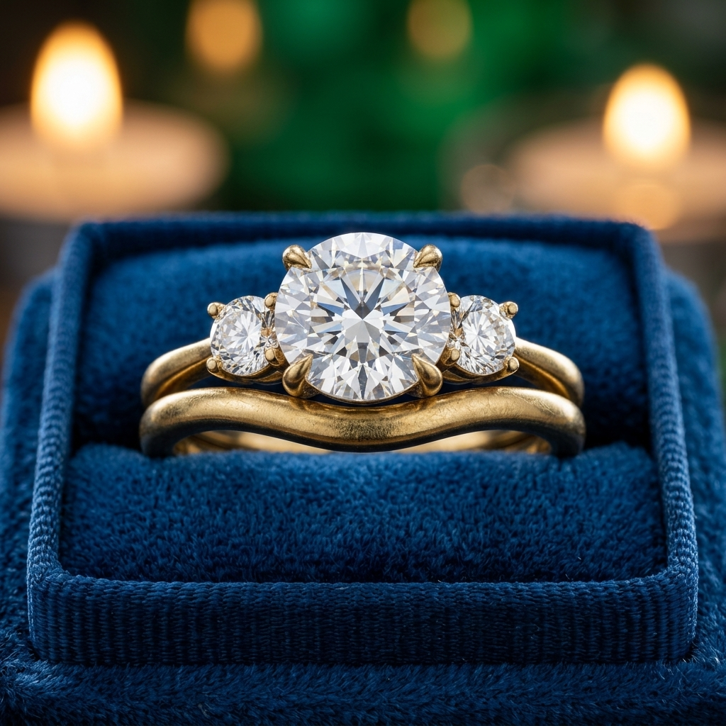 3 Stone Round Diamond Engagement Ring, Curved Matching Band, Minimalist Yellow Gold Bridal Set