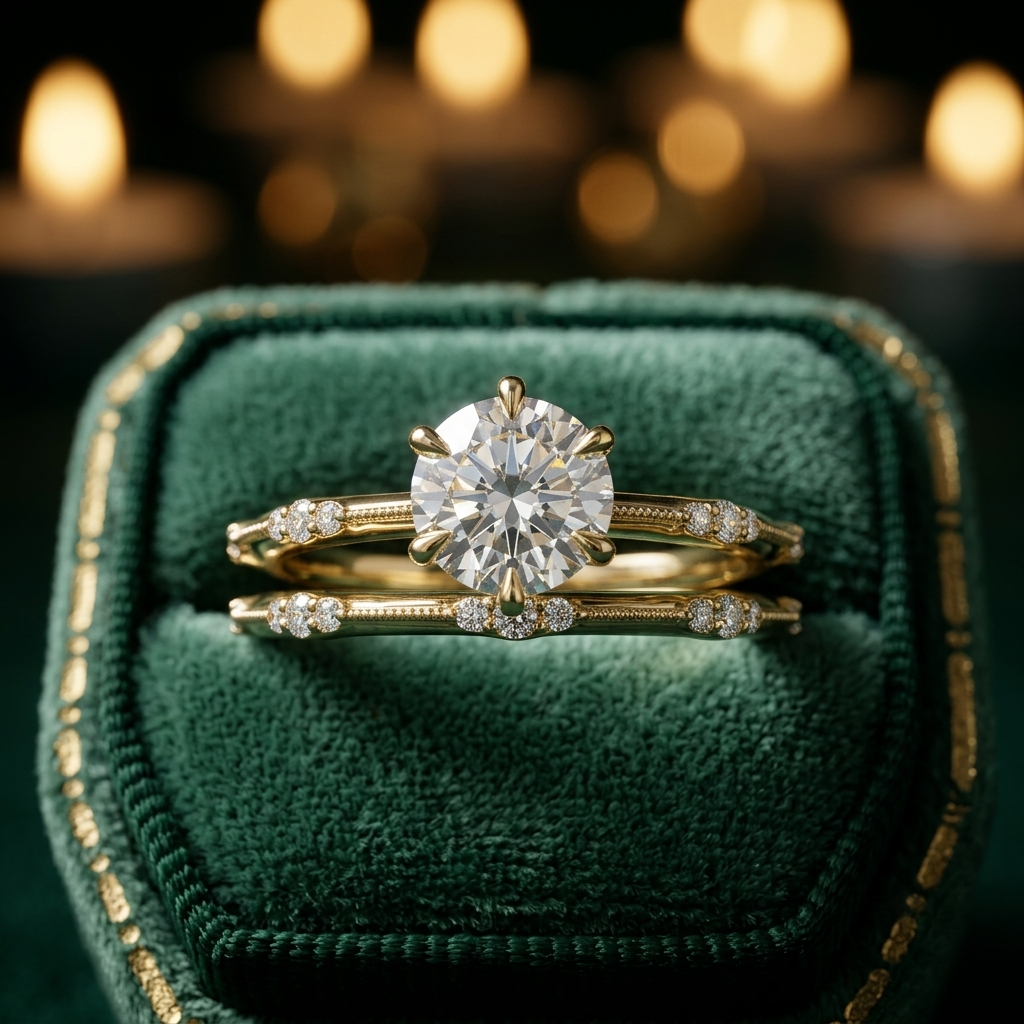 Lab Grown Diamond Bridal Set, Round Cut Solitaire Engagement Ring, Yellow Gold Wedding Band