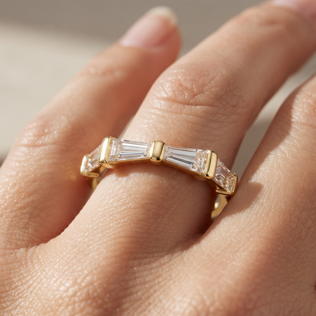 Baguette Cut Diamond Wedding Band, Art Deco Stacking Ring, Solid Gold Anniversary Band