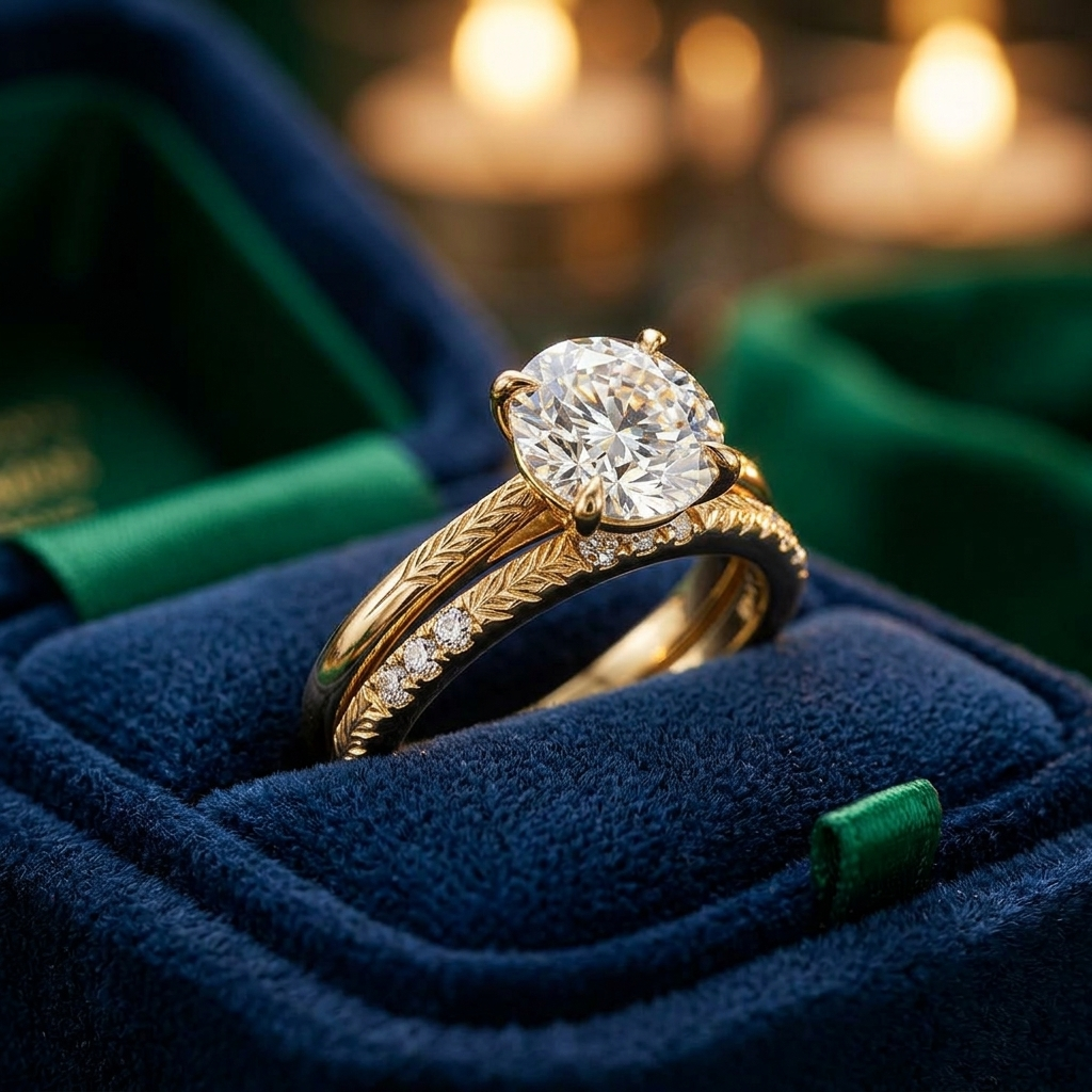 Hand Engraved Wheat Solitaire Engagement Ring, Round Cut Diamond, Nature Inspired Band