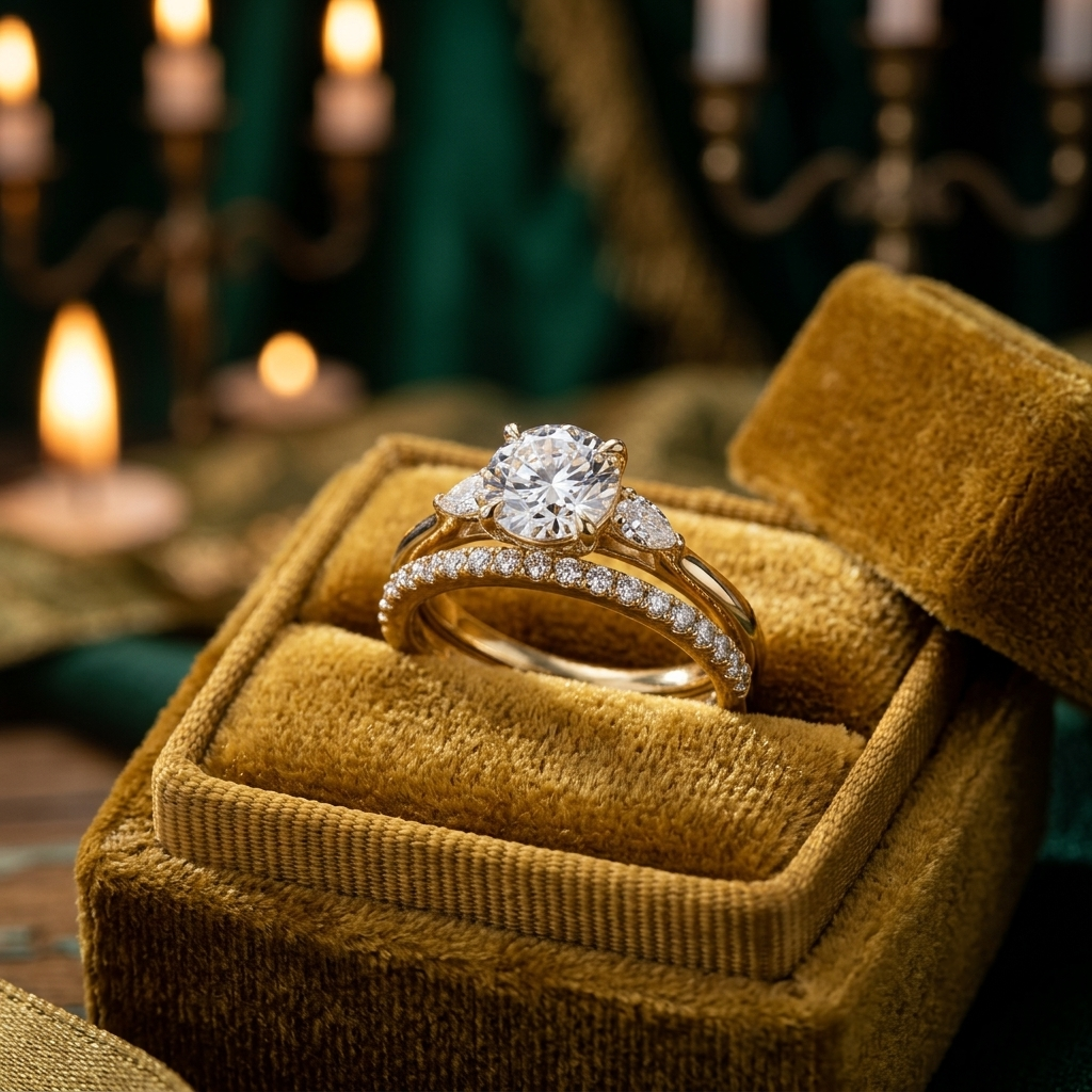Round Cut Solitaire Engagement Ring & Matching Band Set, Yellow Gold, Milgrain Accents