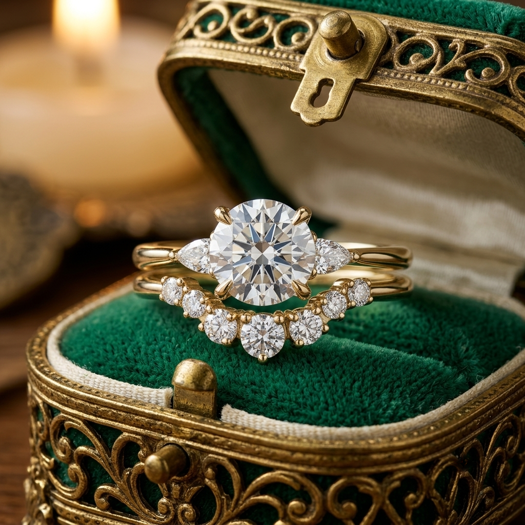 Round Engagement Ring Set, Pear Side Stones, Yellow Gold Curved Wedding Band