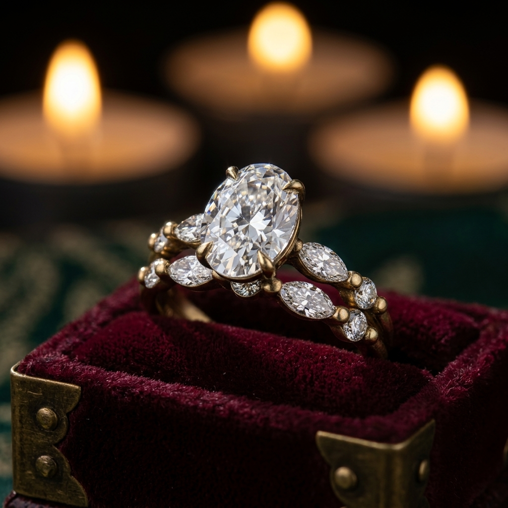 Oval Cut Solitaire Engagement Ring Set | Marquise Beaded Wedding Band (Yellow Gold)