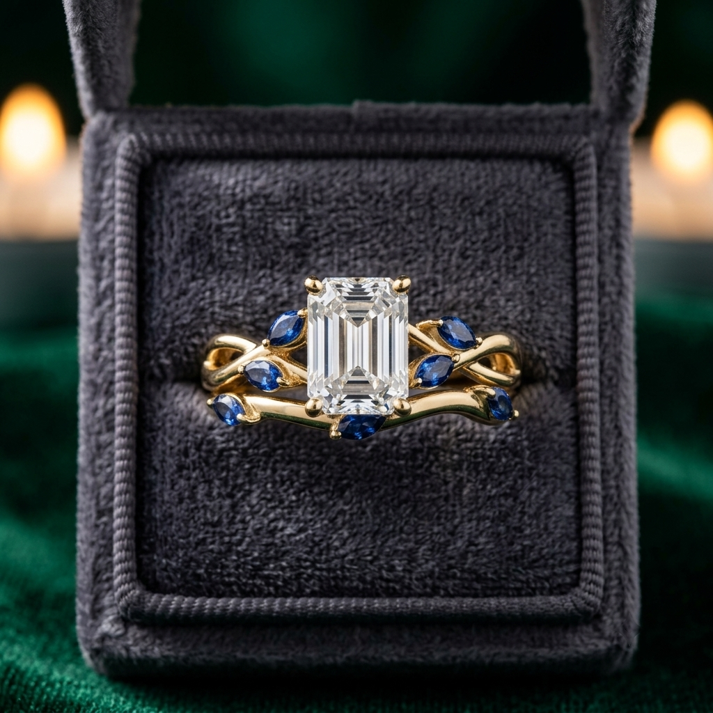 Emerald Cut Diamond Engagement Ring Set, Blue Sapphire Branch Design, Solid Gold Wedding Band