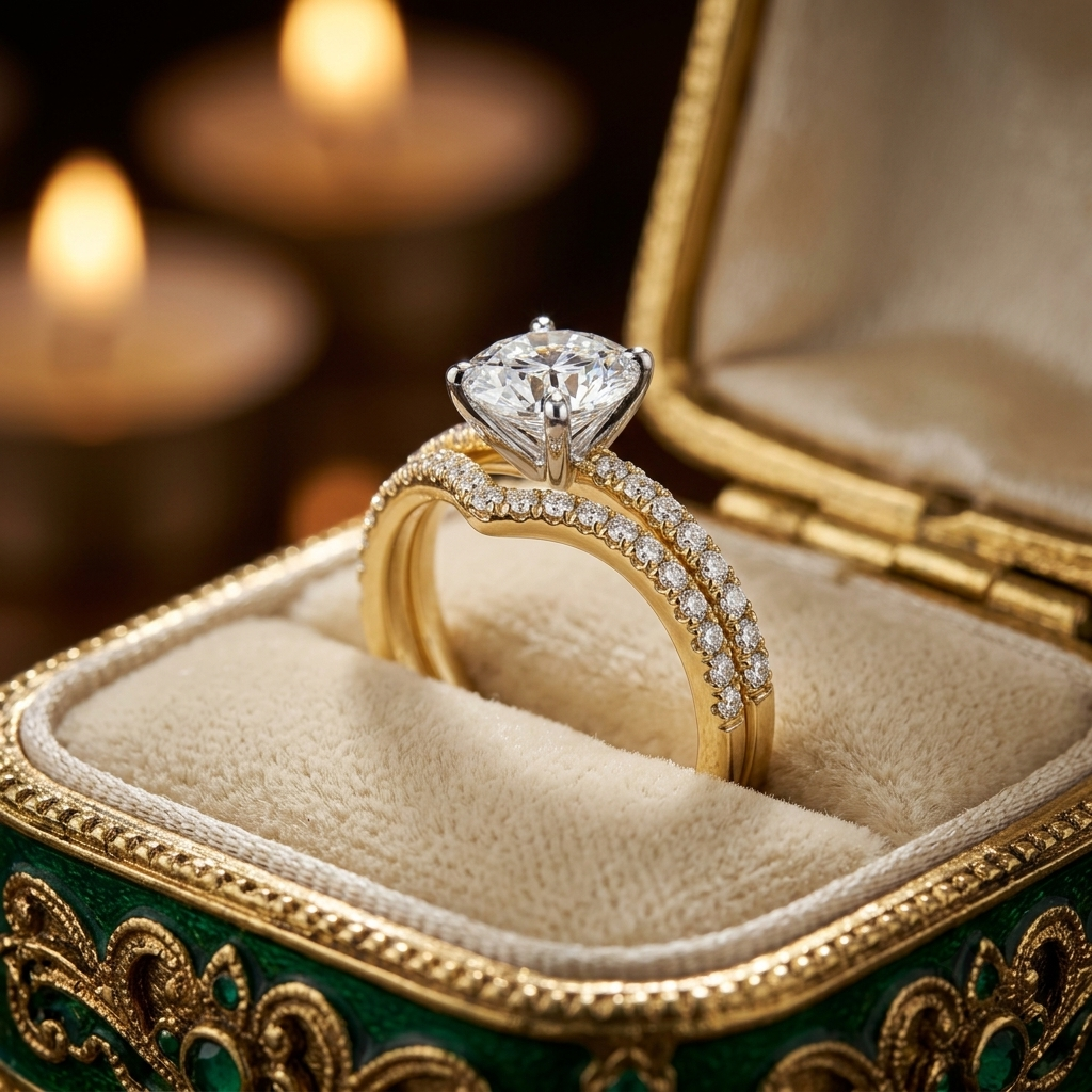 Yellow Gold Round Cut Diamond Engagement Ring Set with Pave Band
