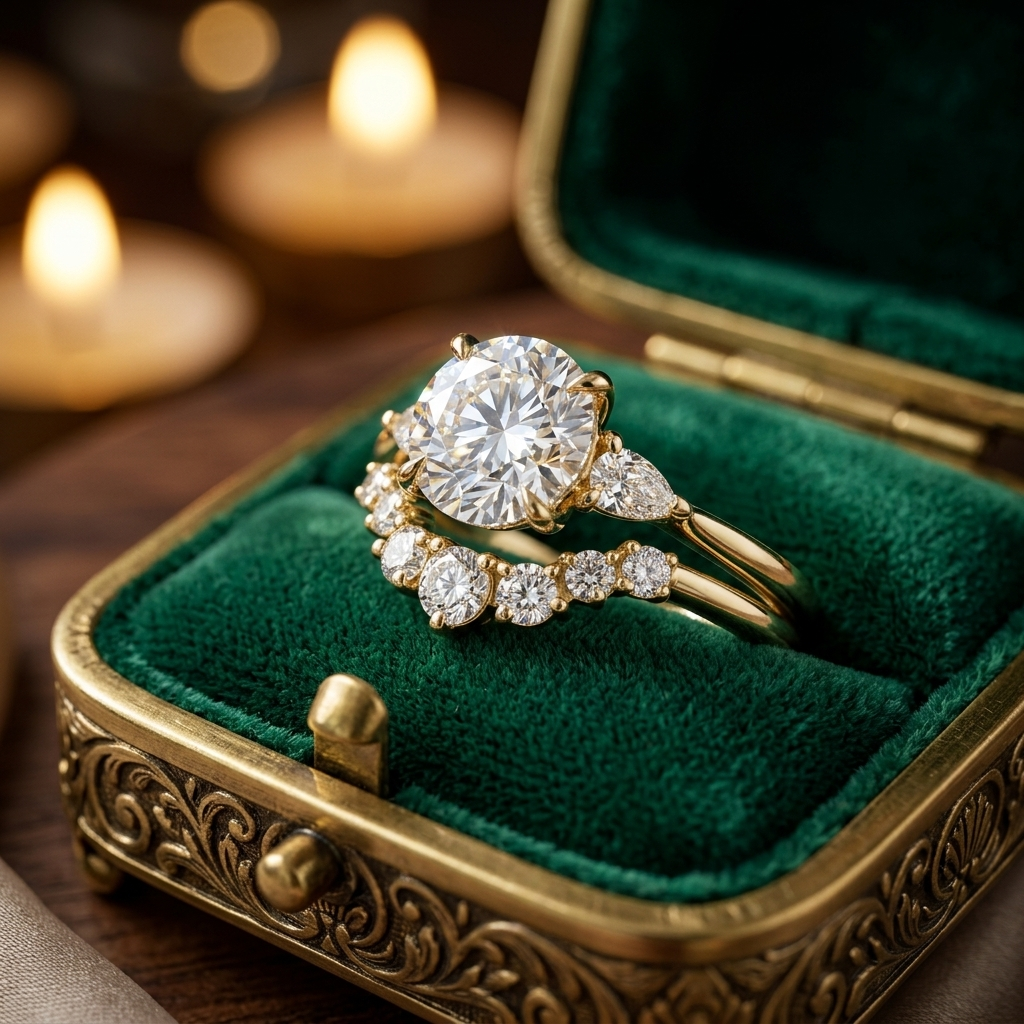 Round Engagement Ring Set, Pear Side Stones, Yellow Gold Curved Wedding Band