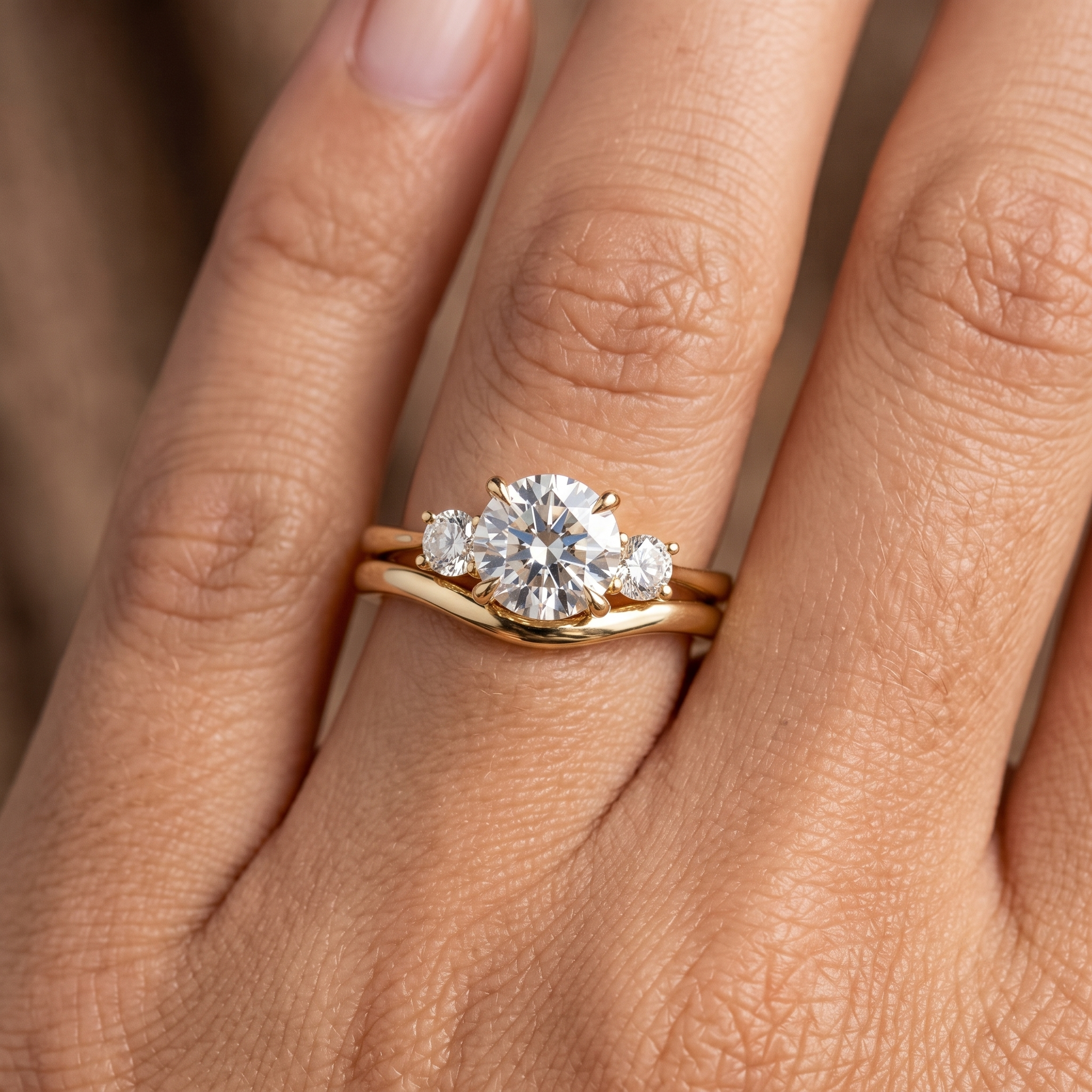 3 Stone Round Diamond Engagement Ring, Curved Matching Band, Minimalist Yellow Gold Bridal Set