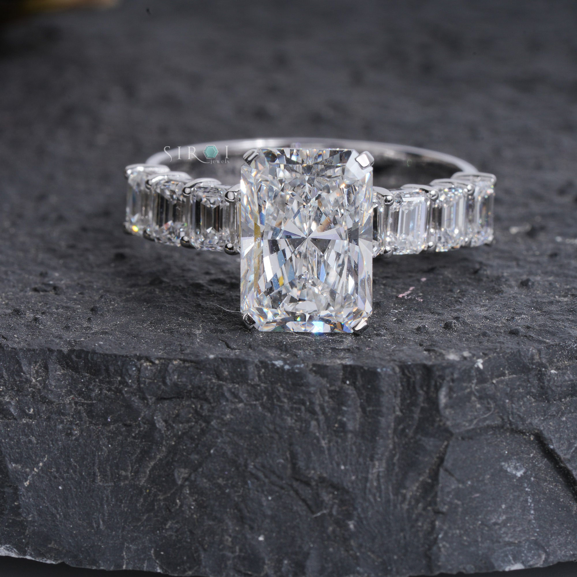 Radiant & Emerald Cut Multi-Stone Diamond Ring – Art Deco Inspired Engagement Ring