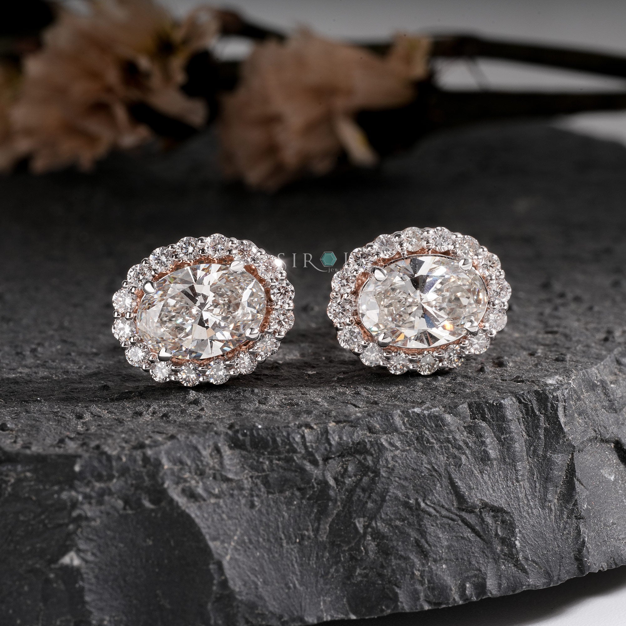 Elegant Oval Diamond Halo Stud Earrings in Two-Tone Gold