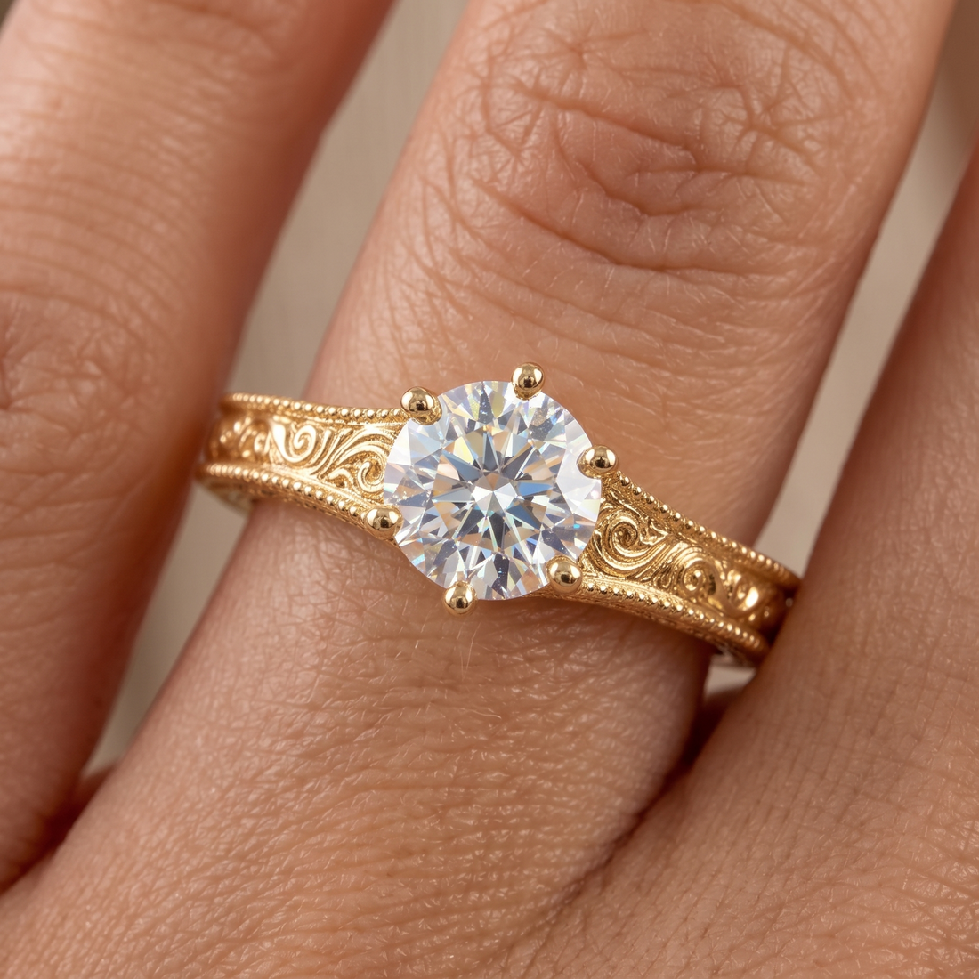 Vintage Art Deco Yellow Gold Engagement Ring, Round Lab Grown Diamond, Milgrain Scroll Design