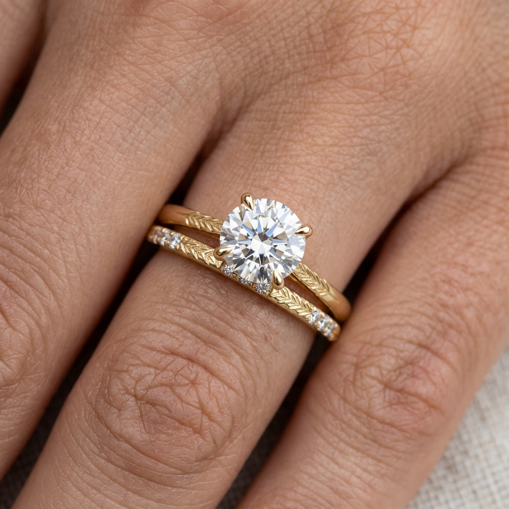 Hand Engraved Wheat Solitaire Engagement Ring, Round Cut Diamond, Nature Inspired Band