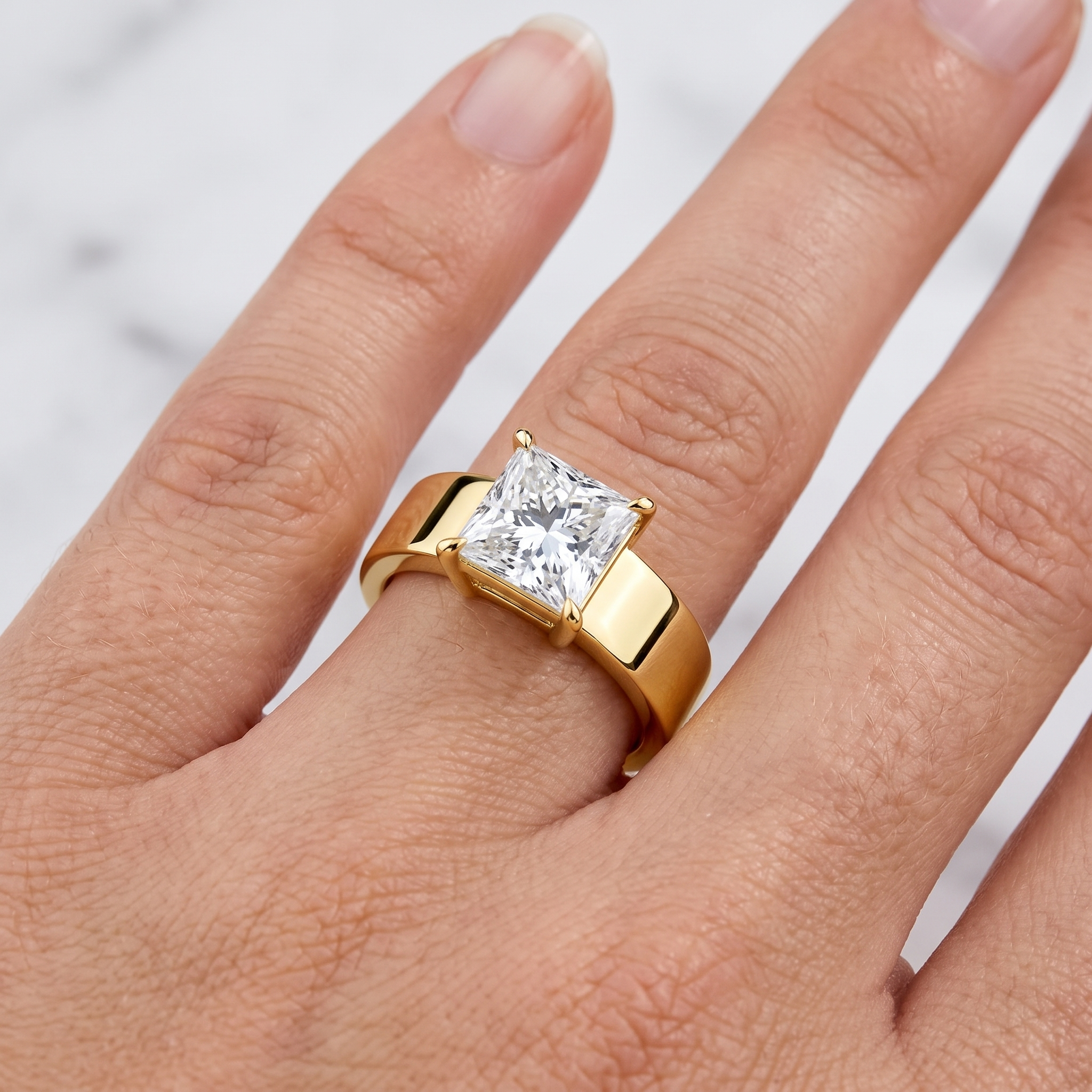 Wide Band Princess Cut Engagement Ring | Hidden Halo, Solid Gold Statement Piece