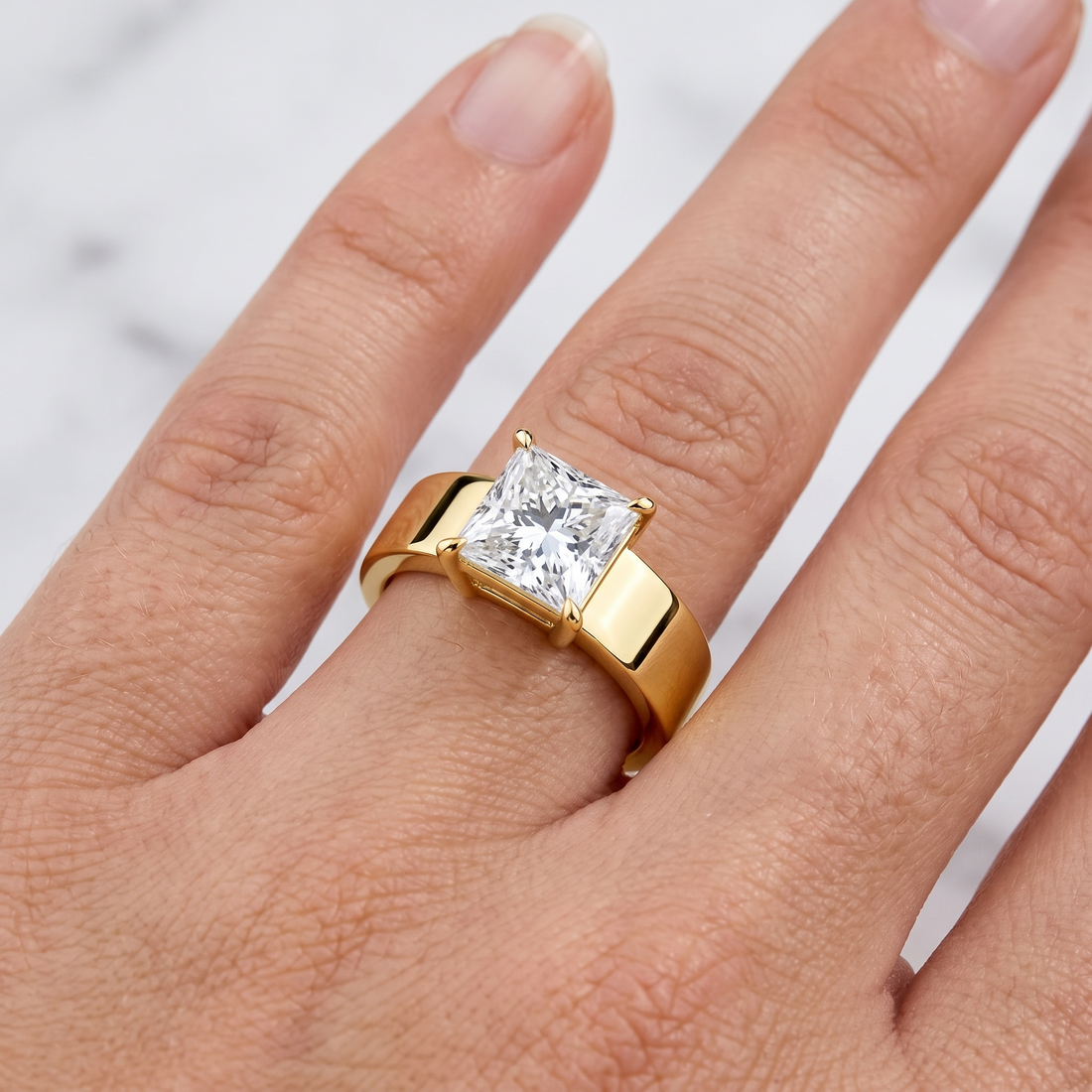 Wide Band Princess Cut Engagement Ring | Hidden Halo, Solid Gold Statement Piece