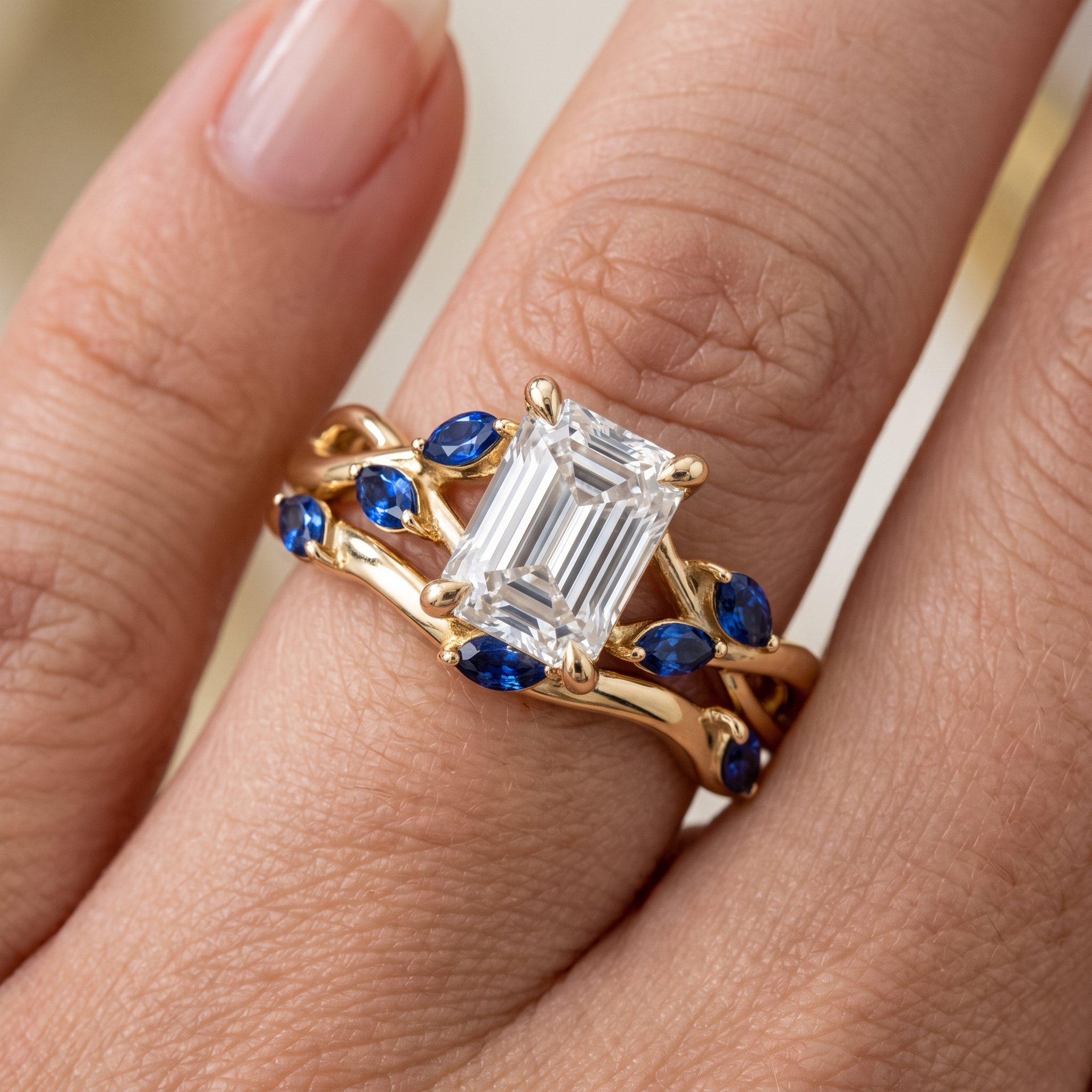 Emerald Cut Diamond Engagement Ring Set, Blue Sapphire Branch Design, Solid Gold Wedding Band